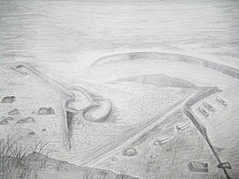 Miss Chen drew the landmark stone fishtrap of her native island, the Qimei Island, i.e., 'the Seven Beauties 
					Island'